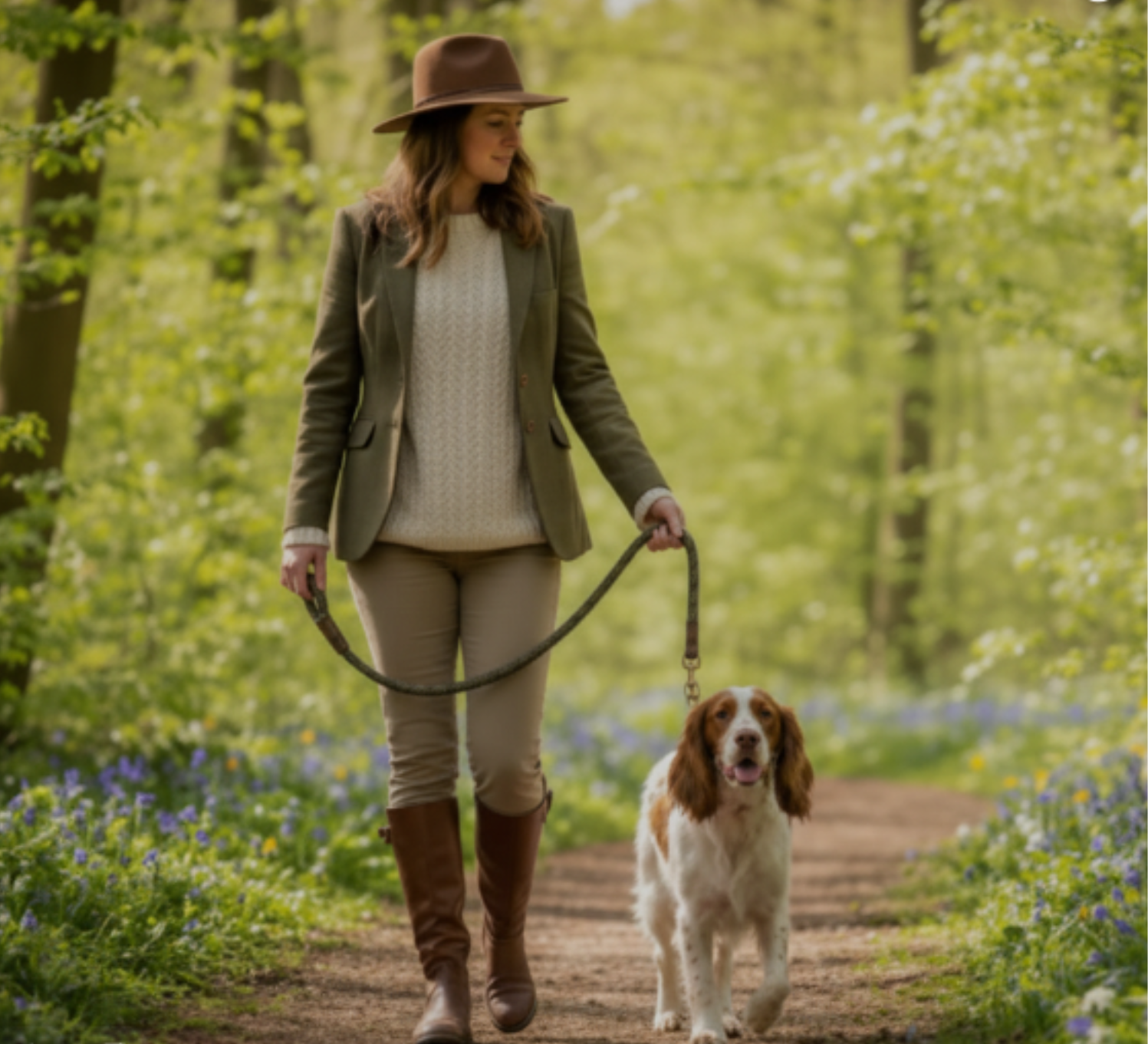 Moss Herringbone Tweed Lead with silver D ring and sturdy silver trigger clip