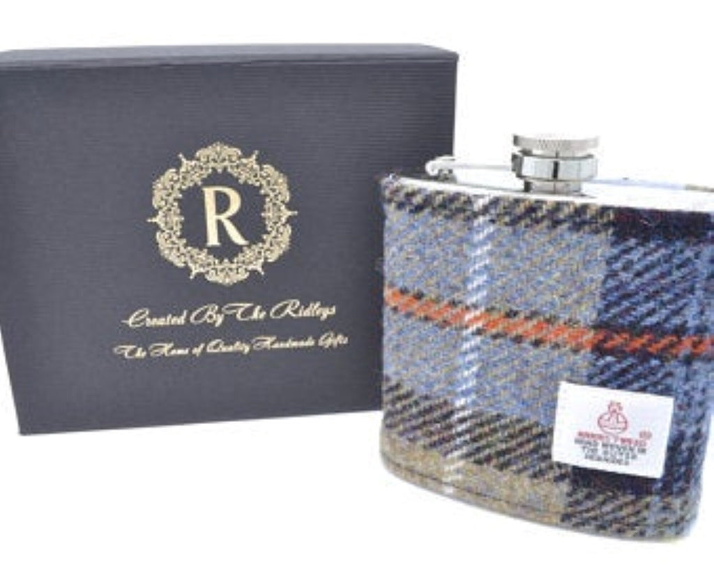 MacKenzie Clan Harris Tweed, Personalised 6oz Hip Flask Groomsmen Gift HT43 Scottish Luxury Wedding Gift for Him Fathers Day Usher Best Man