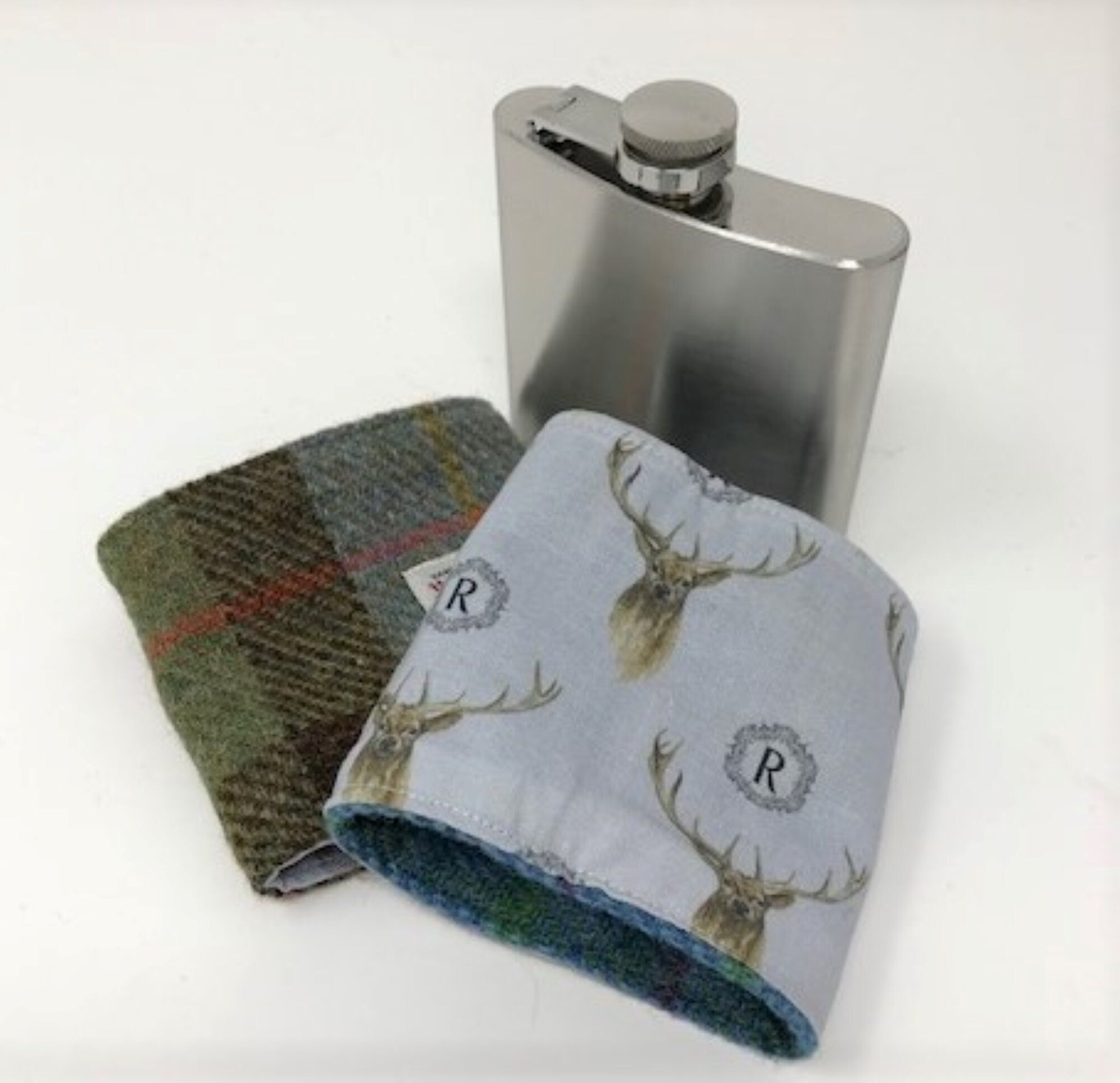 Gift for Dad Personalised Harris Tweed Hip Flask - HT35 Black and Grey Herringbone