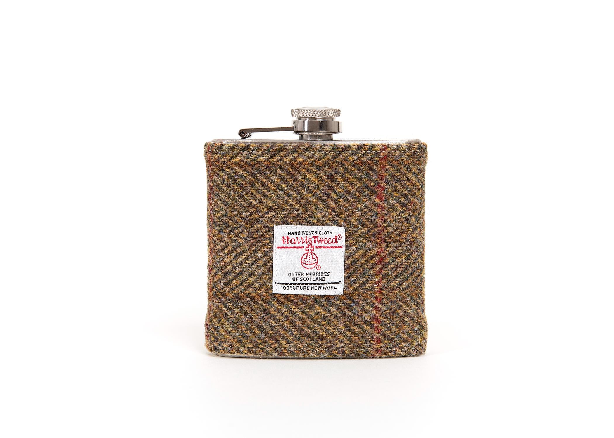 Personalised Harris Tweed Hip Flask - Olive Hunting Tweed BESTSELLER