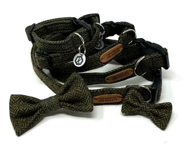 Handmade Tweed Dog Collar - Moss Green Herringbone - British Tweed - Handmade