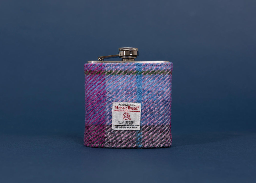 21st Birthday Gift Personalised - Harris Tweed Hip Flask Pink and Purple