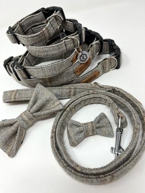 Handmade Tweed Dog Collar - Traditional CheckBeige/Grey - British Tweed - Handmade