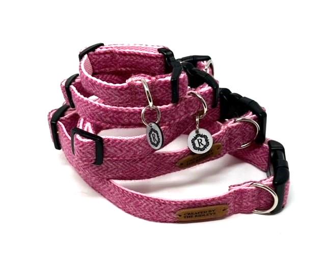 Handmade Tweed Dog Collar - Pink Herringbone - British Tweed - Handmade