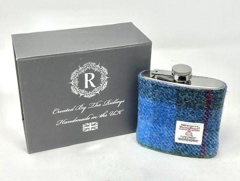 Personalised Gift for Him - Blue Harris Tweed Hip Flask