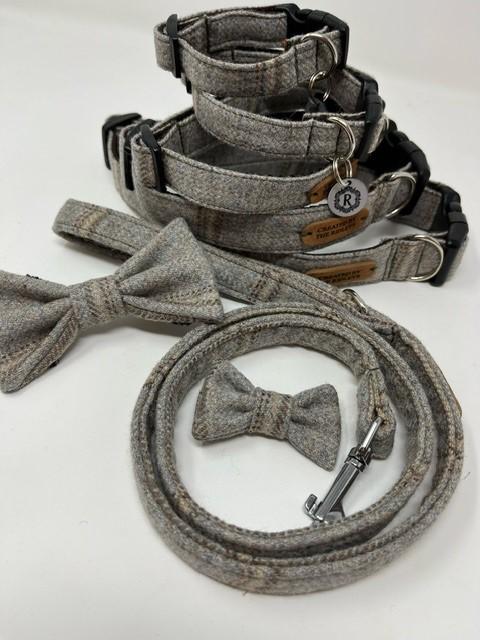 Handmade Tweed Dog Collar - Traditional CheckBeige/Grey - British Tweed - Handmade