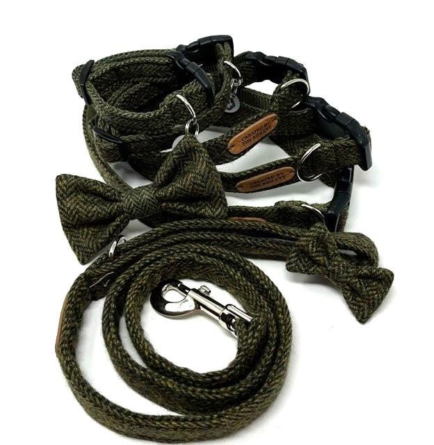 Handmade Tweed Dog Collar - Moss Green Herringbone - British Tweed - Handmade