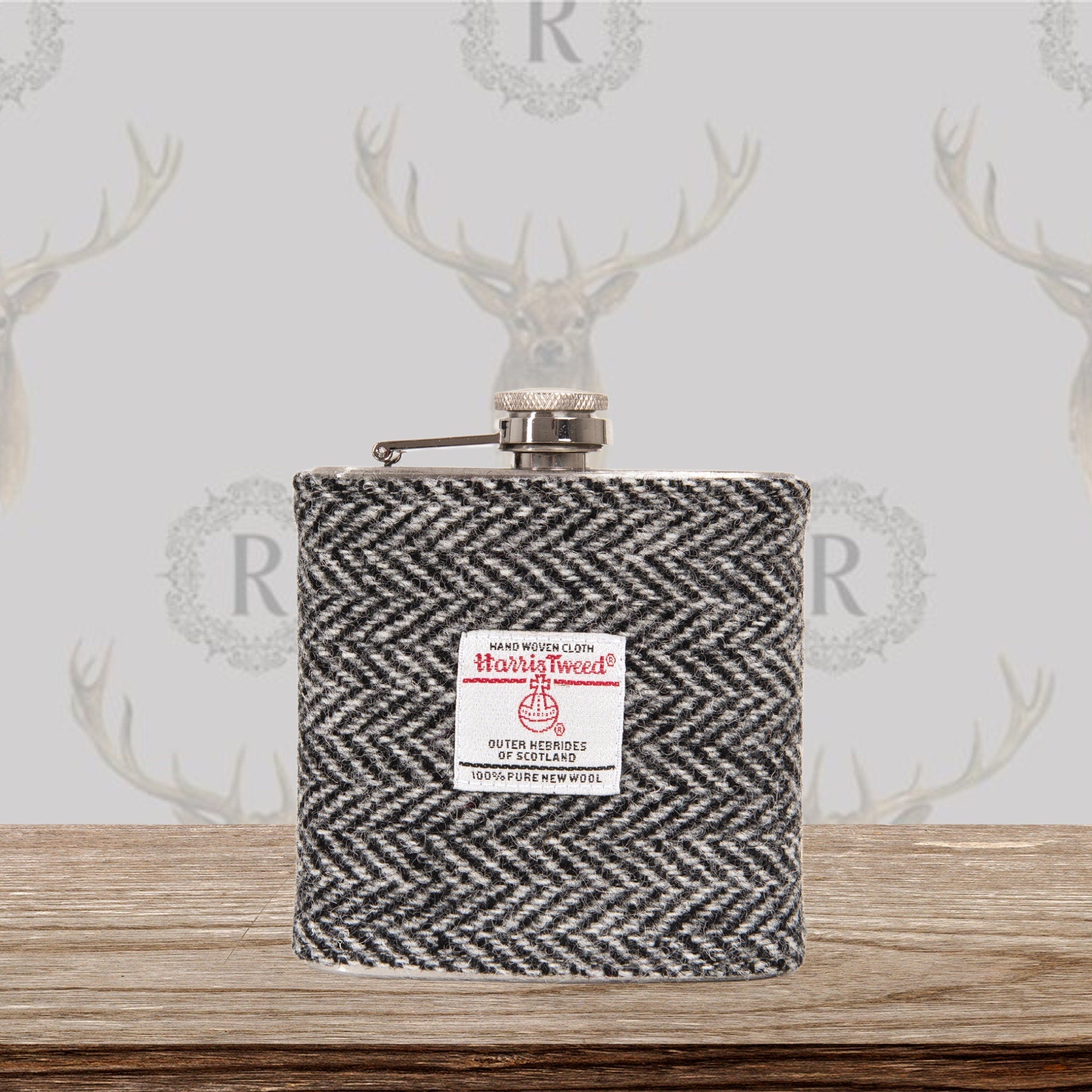 Gift for Dad Personalised Harris Tweed Hip Flask - HT35 Black and Grey Herringbone