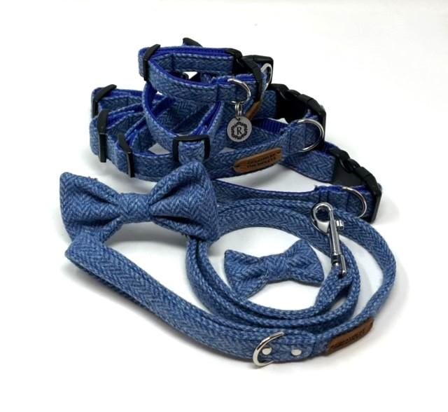 Handmade Tweed Dog Collar - Blue Herringbone - British Tweed - Handmade