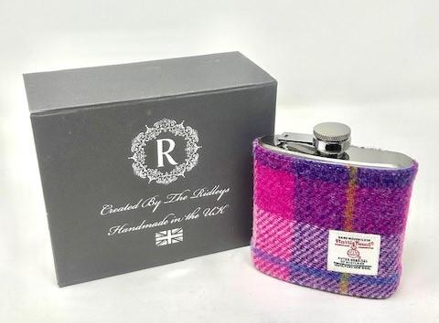 Ladies Personalised Harris Pink Tweed Hip Flask - Day at the Races / Bridesmaid gift