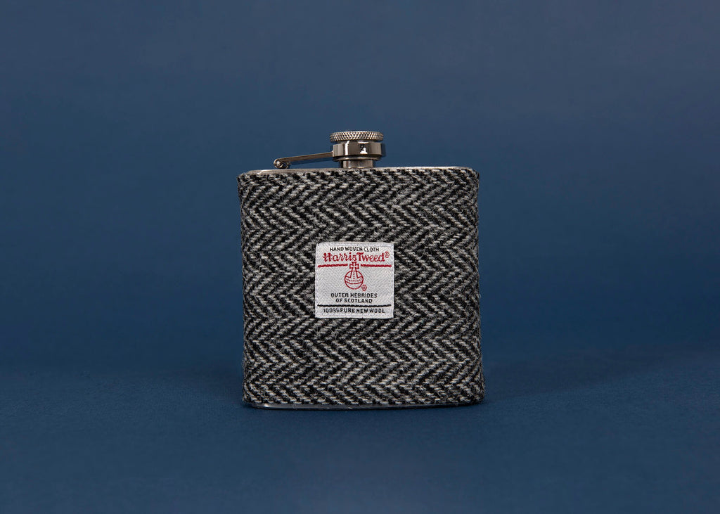 Gift for Dad Personalised Harris Tweed Hip Flask - HT35 Black and Grey Herringbone