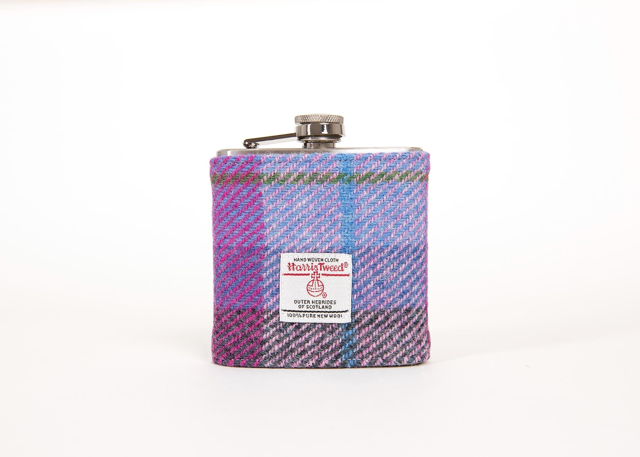 21st Birthday Gift Personalised - Harris Tweed Hip Flask Pink and Purple