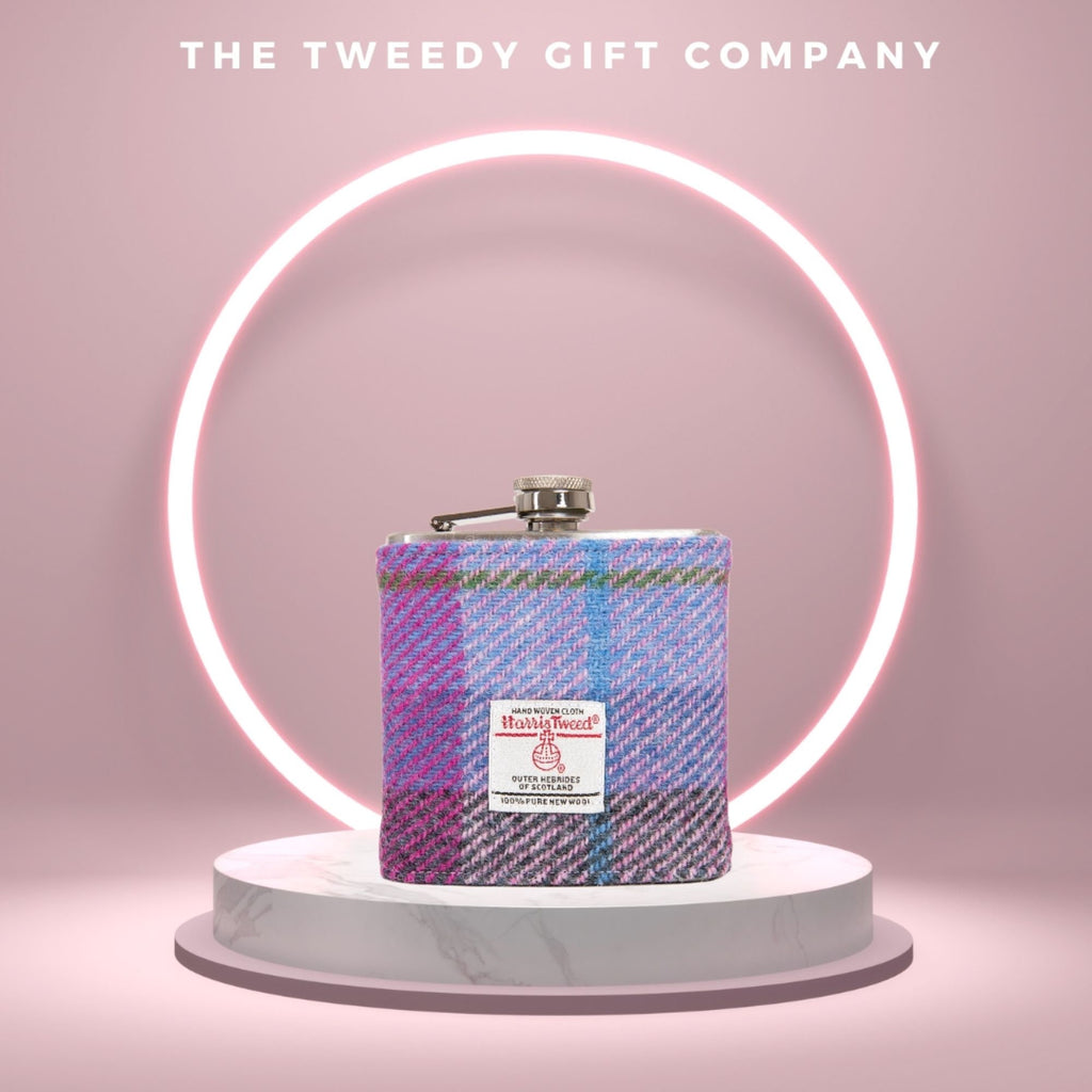 21st Birthday Gift Personalised - Harris Tweed Hip Flask Pink and Purple