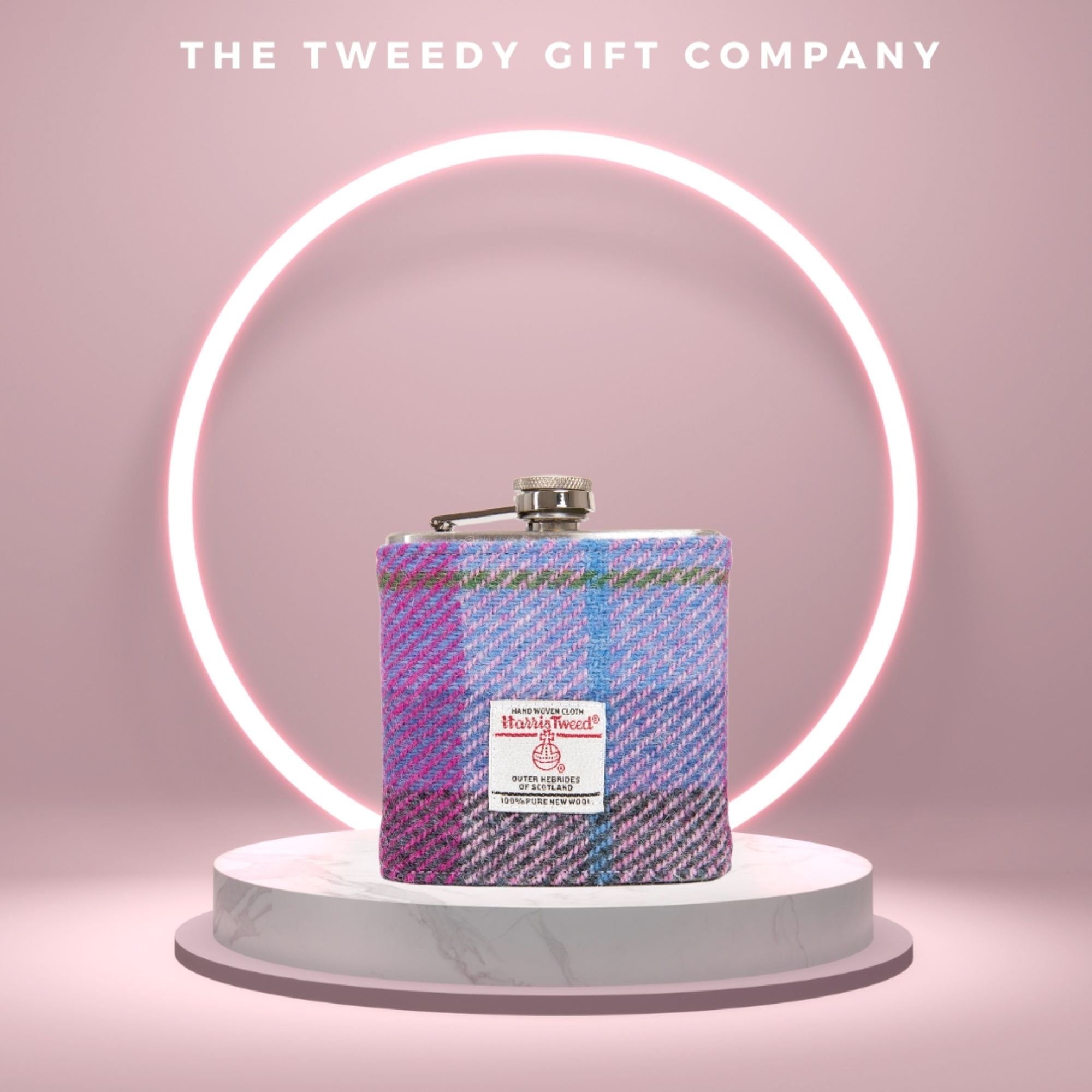 21st Birthday Gift Personalised - Harris Tweed Hip Flask Pink and Purple