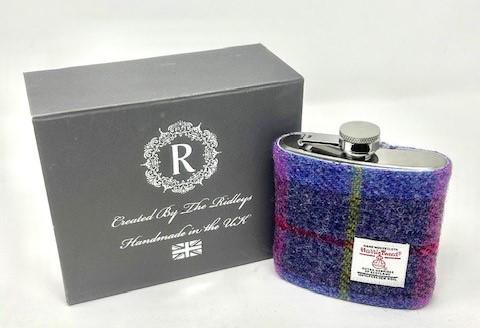 21st Birthday Gift Personalised - Harris Tweed Hip Flask Pink and Purple