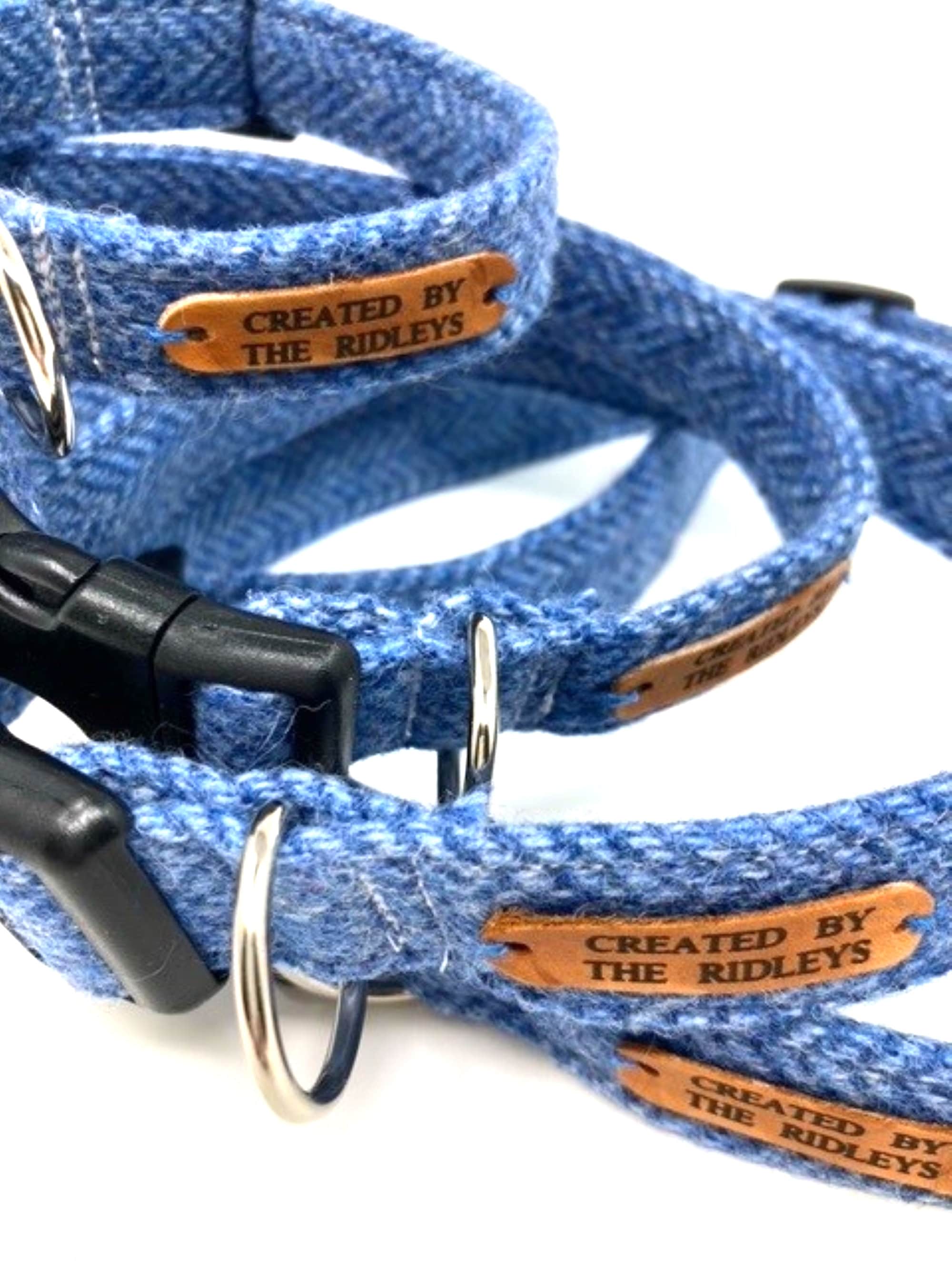 Handmade Tweed Dog Collar - Blue Herringbone - British Tweed - Handmade