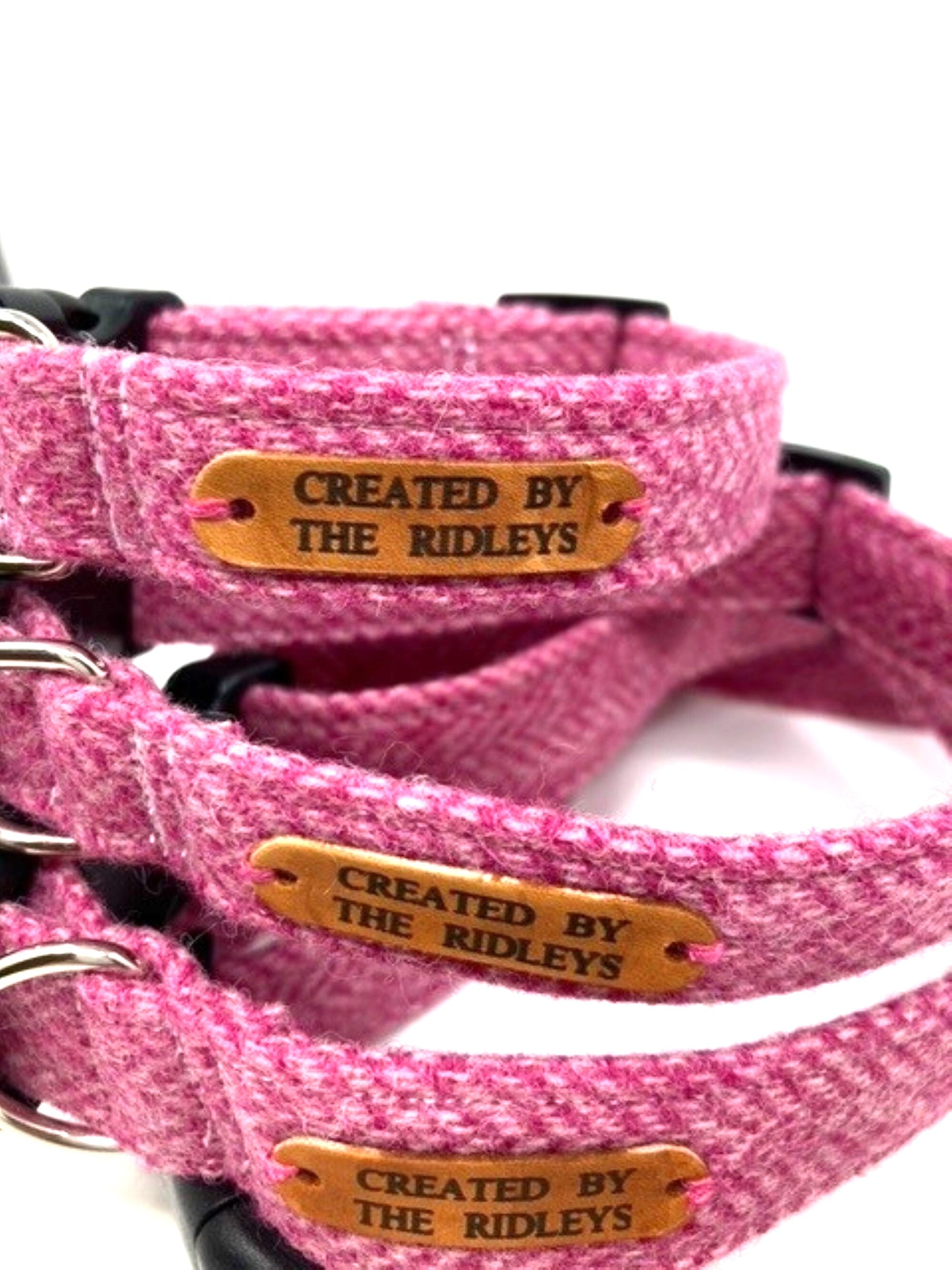 Handmade Tweed Dog Collar - Pink Herringbone - British Tweed - Handmade