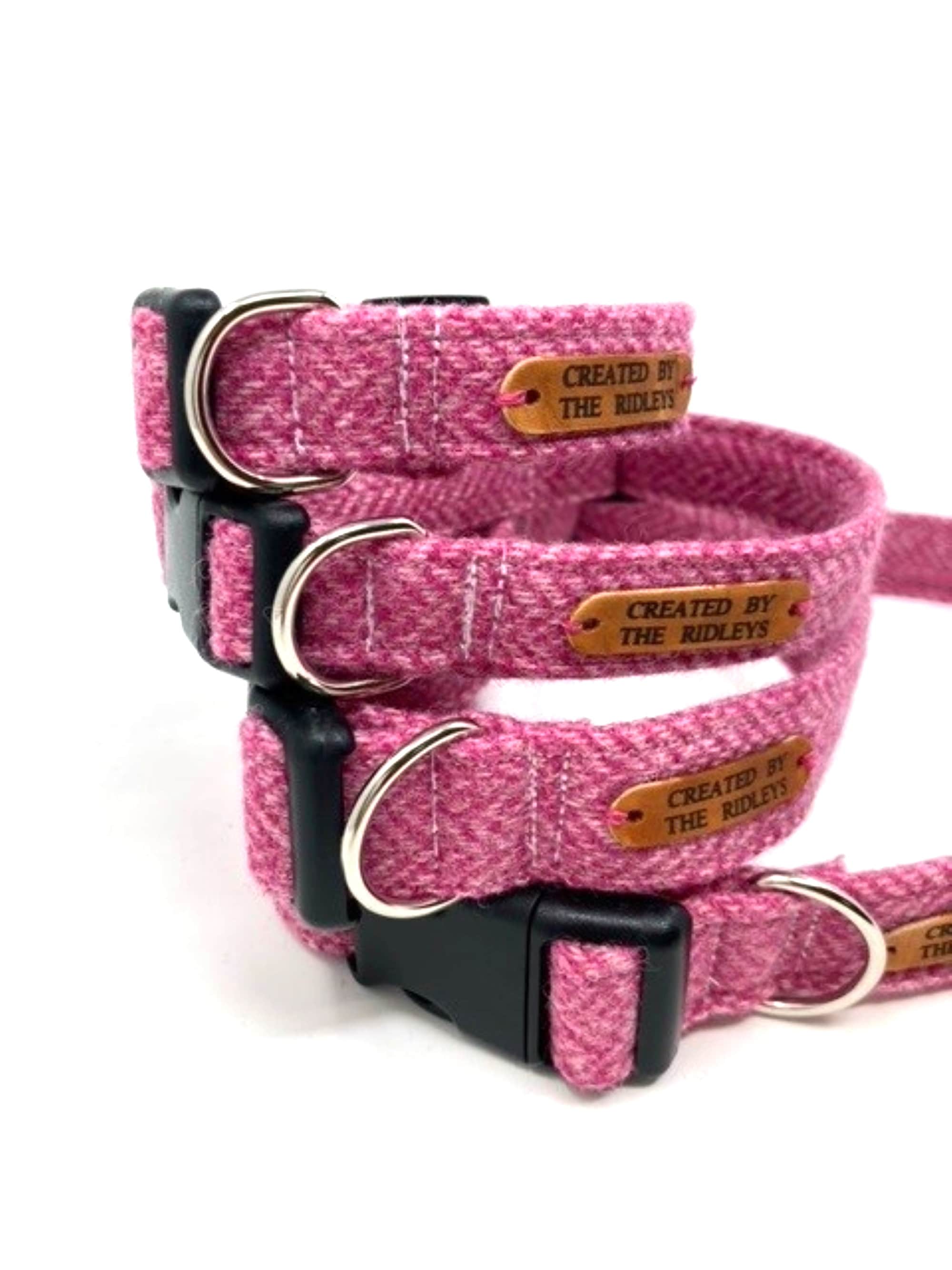 Handmade Tweed Dog Collar - Pink Herringbone - British Tweed - Handmade