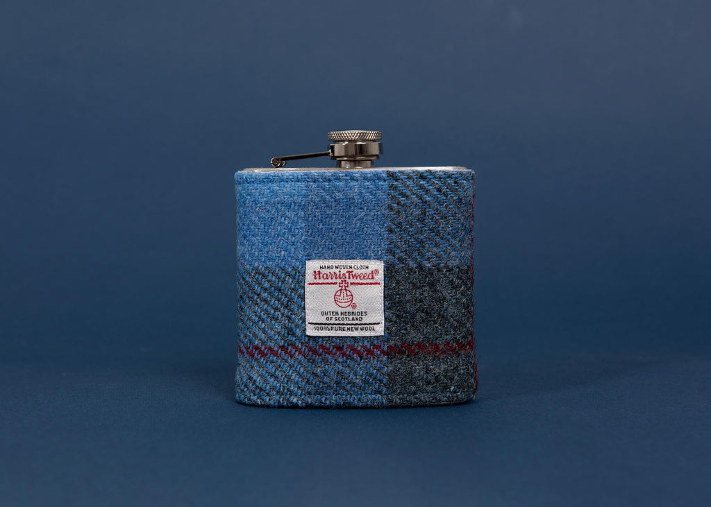 Personalised Gift for Him - Blue Harris Tweed Hip Flask