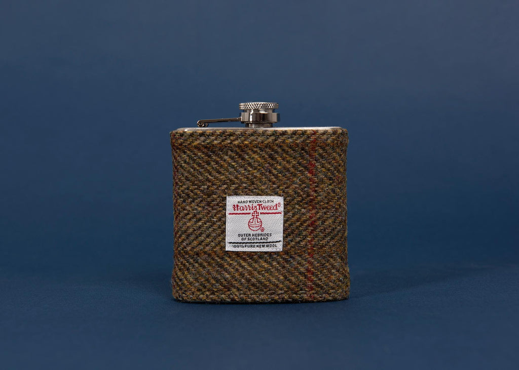 Personalised Harris Tweed Hip Flask - Olive Hunting Tweed BESTSELLER