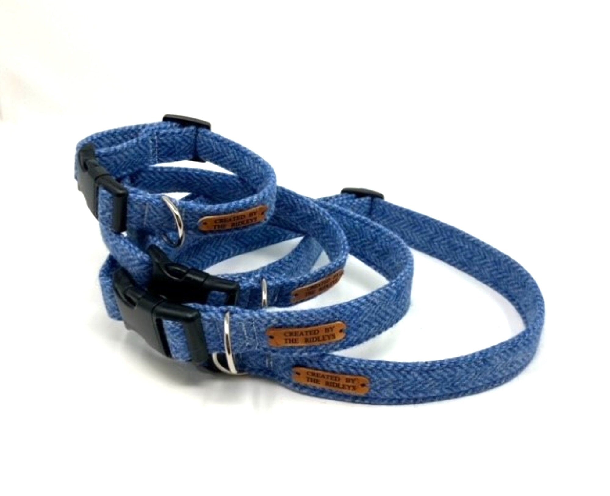 Handmade Tweed Dog Collar - Blue Herringbone - British Tweed - Handmade