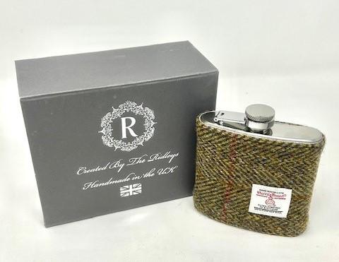 Personalised Harris Tweed Hip Flask - Olive Hunting Tweed BESTSELLER