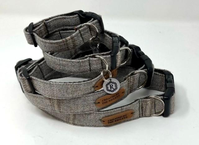 Handmade Tweed Dog Collar - Traditional CheckBeige/Grey - British Tweed - Handmade