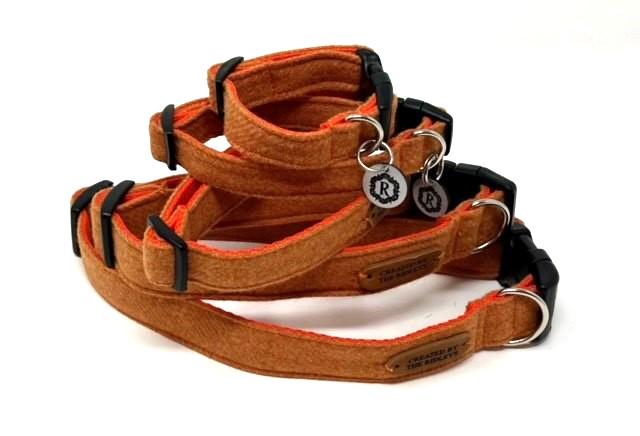 Handmade Tweed Dog Collar - Plain Orange - British Tweed - Handmade