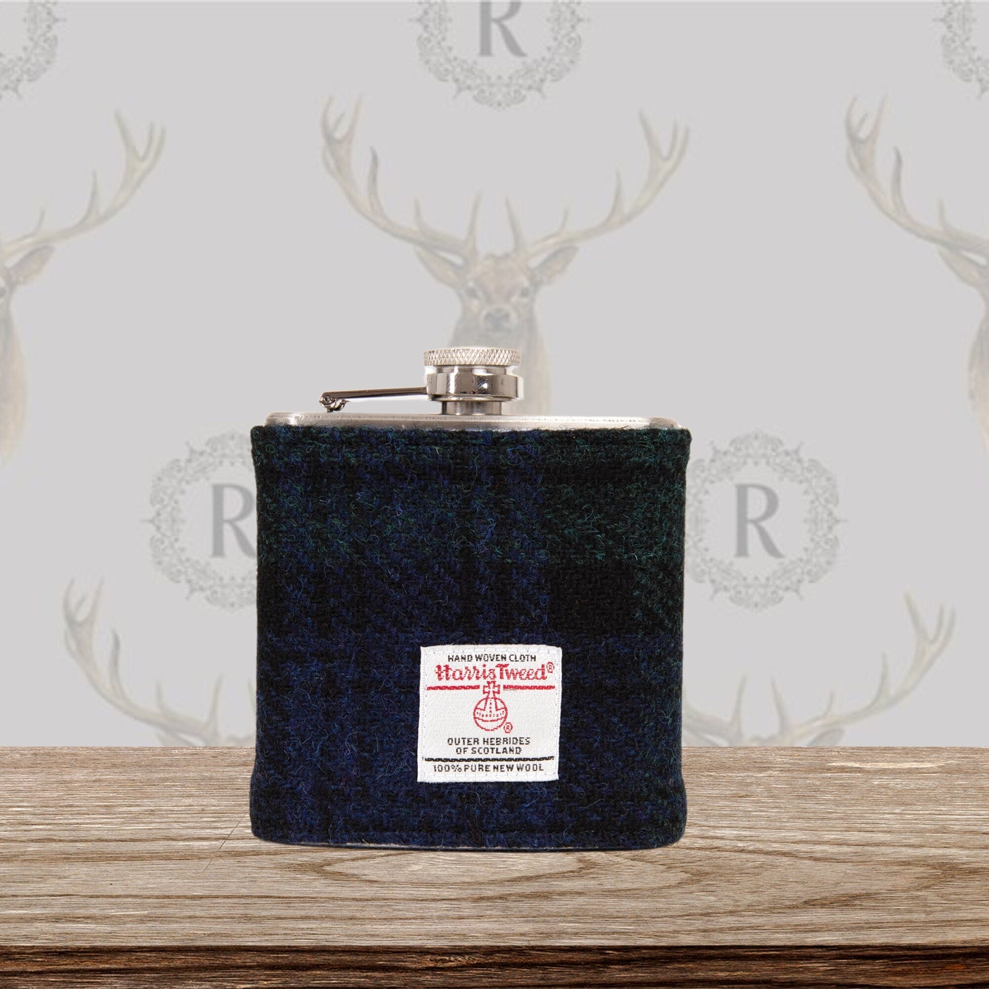 Black Watch Harris Tweed Hip Flask - HT36 with its own presentation box.  Perfect gift for groomsmen Blackwatch