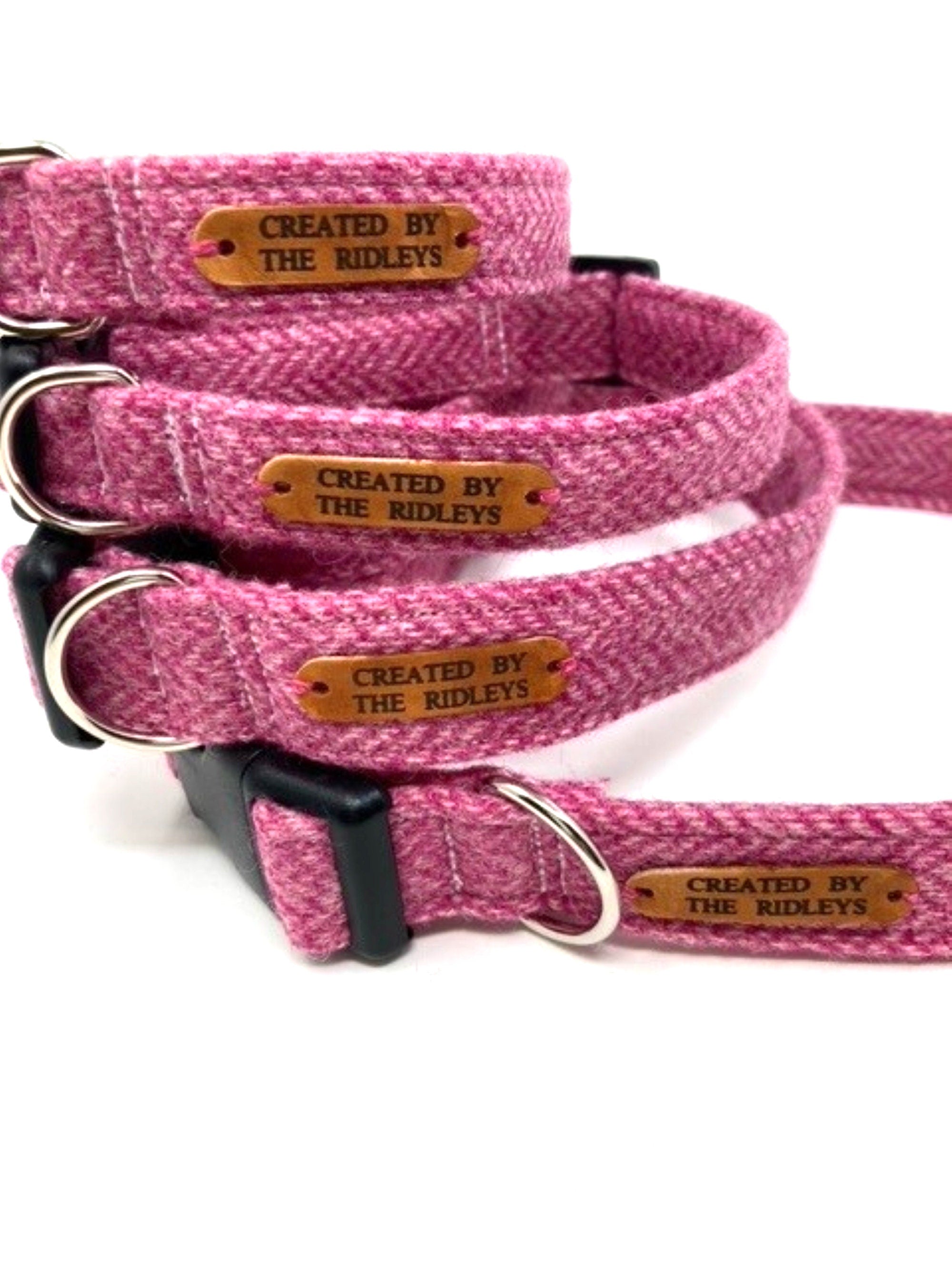Handmade Tweed Dog Collar - Pink Herringbone - British Tweed - Handmade