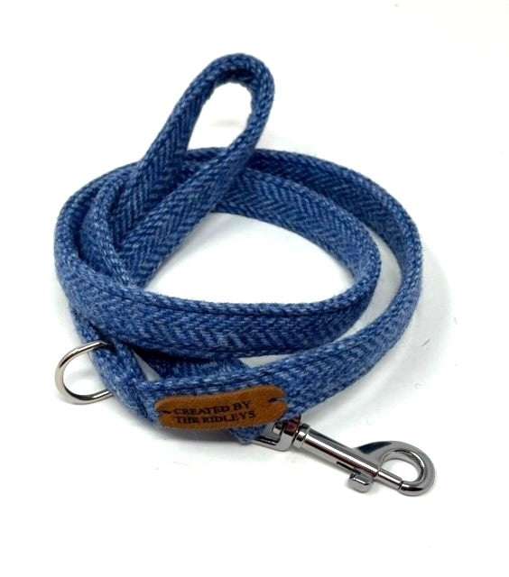 Blue dog leash with metal clip and brown leather tag on a white background