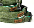 Handmade Green Herringbone Tweed Dog Collar by Created By The Ridleys showing durable design with contoured side release buckle and welded nickel D ring for tags and leads.