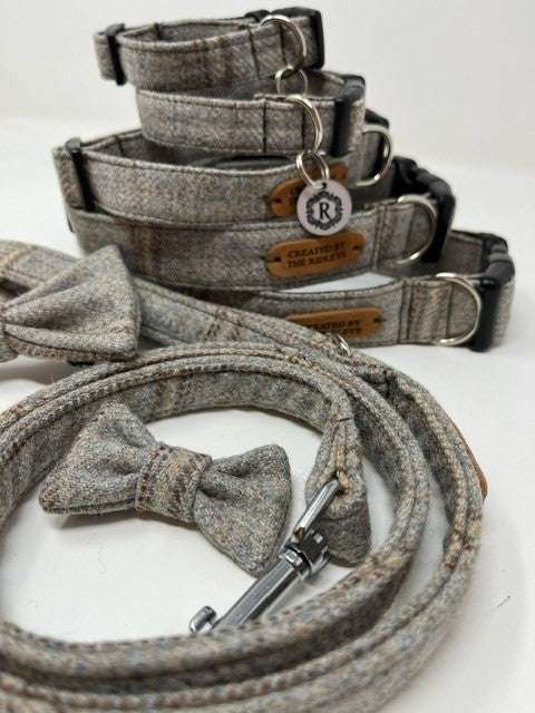 Grey Herringbone Tweed Dog Collar - Grey Tweed from Created By The Ridleys, featuring a coordinated bow tie and lead, ideal for giving your dog a sophisticated touch.
