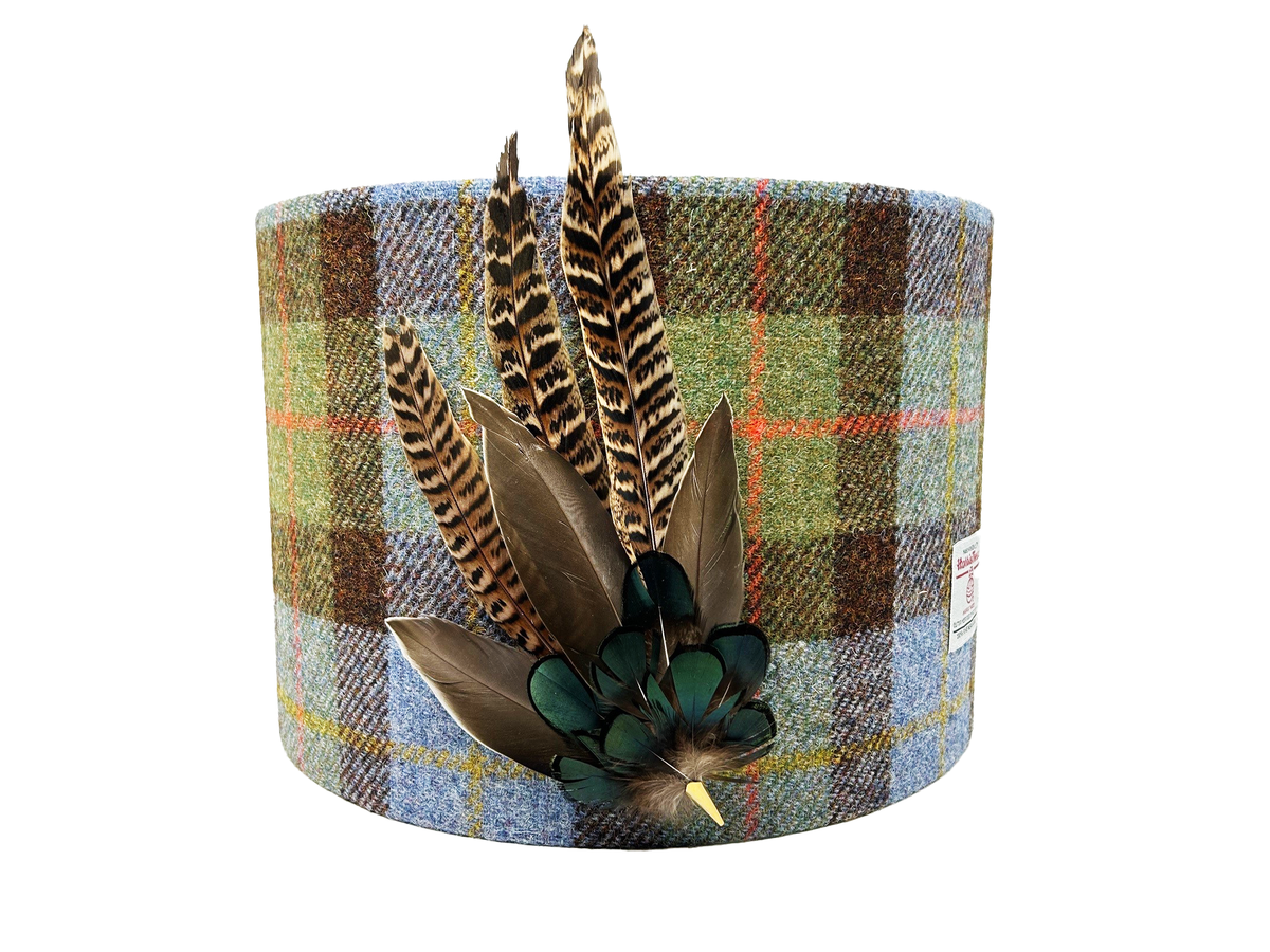 McLeod Tartan Harris Tweed Lampshade with real Pheasant Feathers