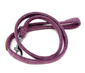 Purple dog leash with a metal clip on a white background