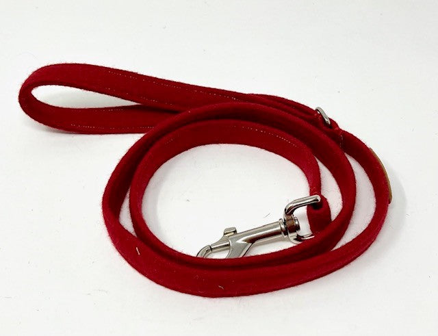 Red dog leash with a silver clasp on a white background