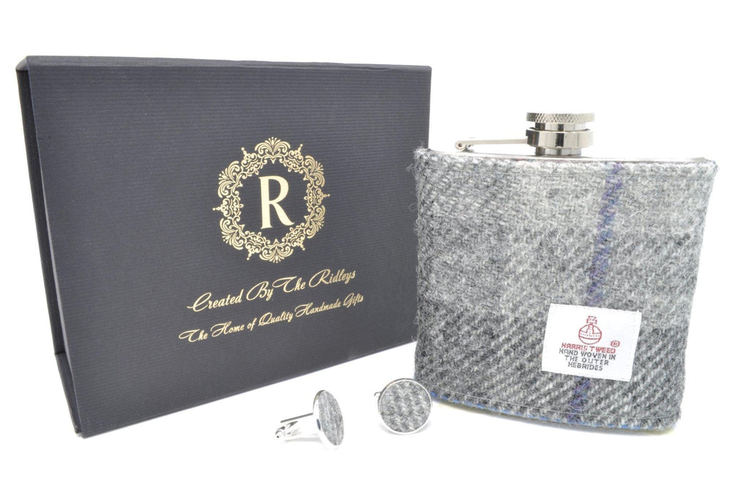 Harris Tweed Hip Flask with matching cufflinks- Best Man, Father of the Bride, Wedding Gift, Gift Boxed
