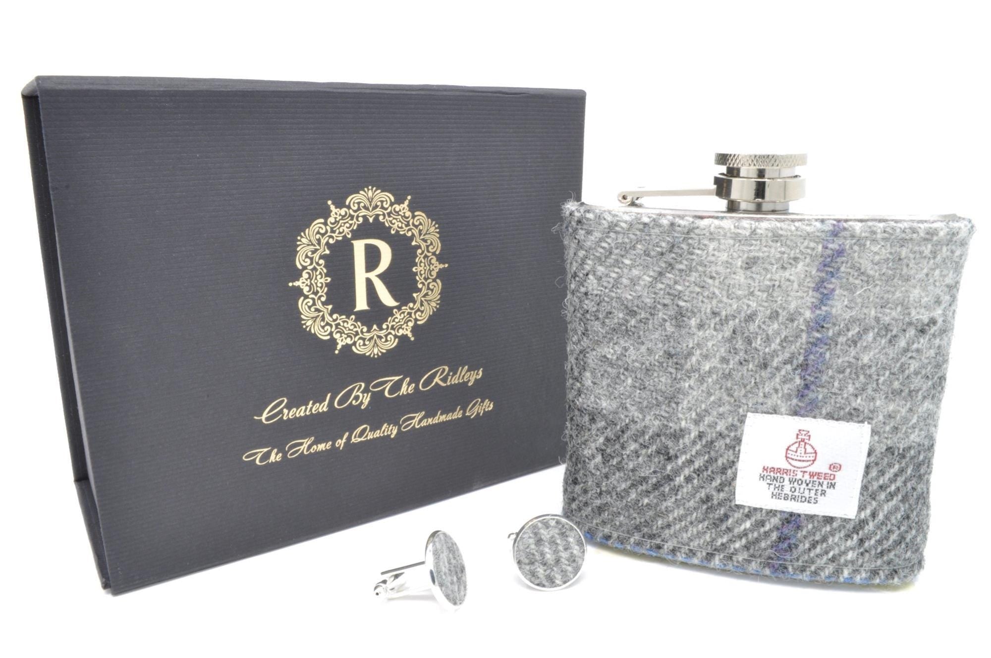 Harris Tweed Hip Flask with matching cufflinks- Best Man, Father of the Bride, Wedding Gift, Gift Boxed