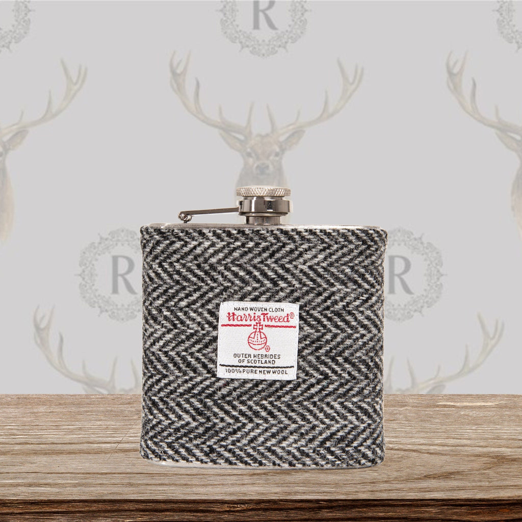 Gift for Dad Personalised Harris Tweed Hip Flask - HT35 Black and Grey Herringbone