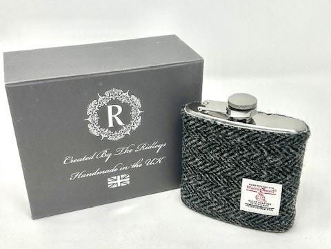 Gift for Dad Personalised Harris Tweed Hip Flask - HT35 Black and Grey Herringbone
