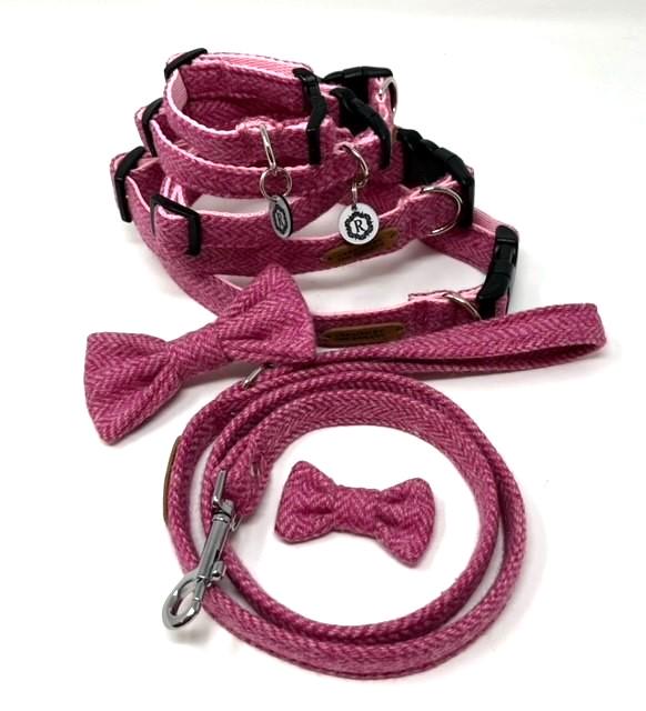 Handmade Tweed Dog Collar - Pink Herringbone - British Tweed - Handmade
