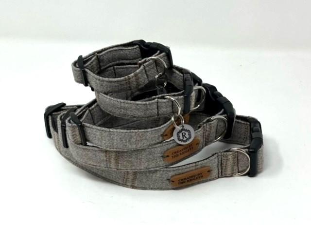 Handmade Tweed Dog Collar - Traditional CheckBeige/Grey - British Tweed - Handmade