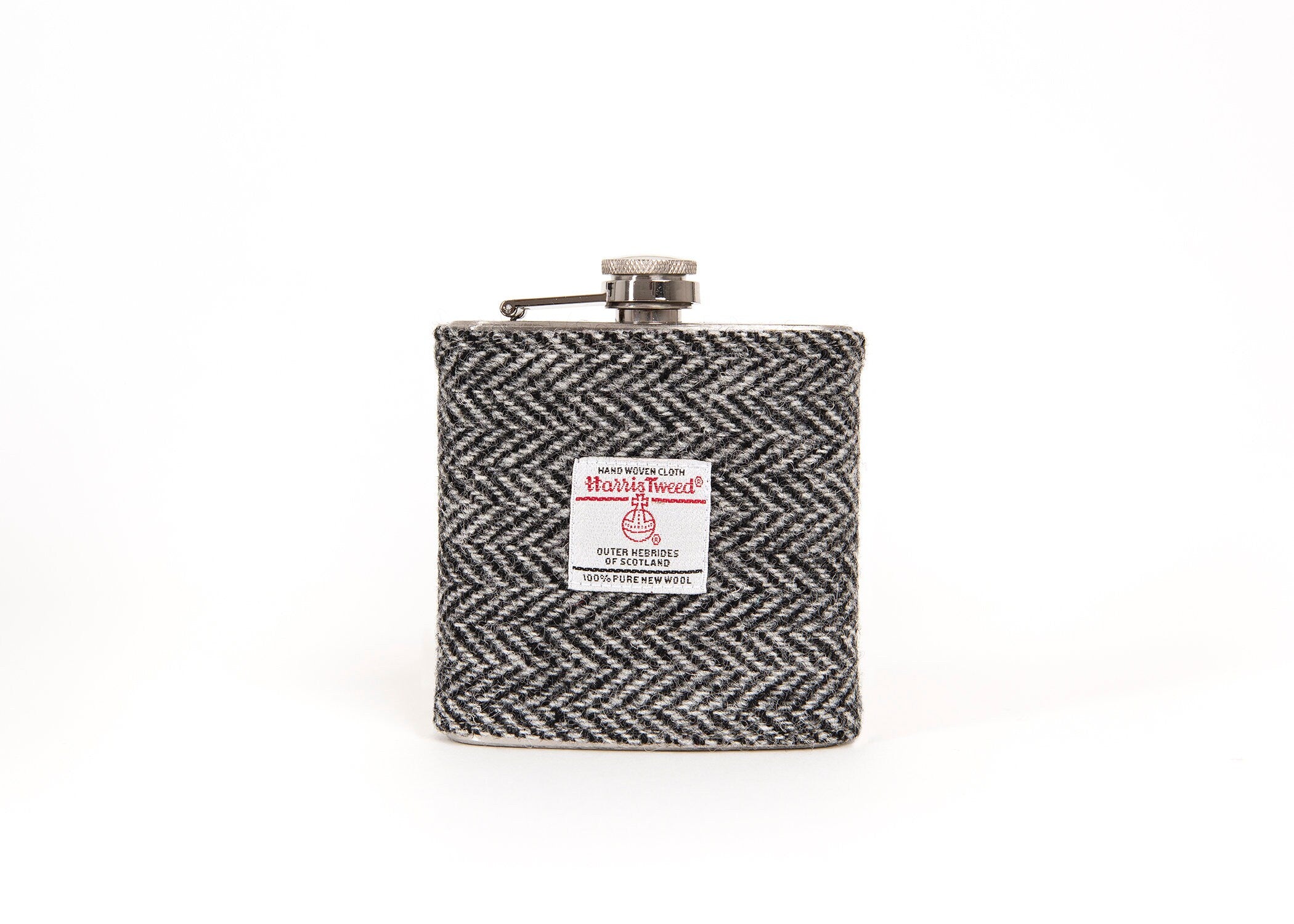 Gift for Dad Personalised Harris Tweed Hip Flask - HT35 Black and Grey Herringbone
