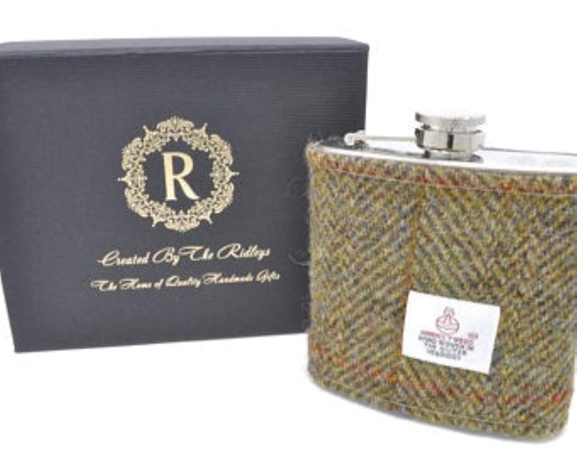 Personalised Harris Tweed Hip Flask - Olive Hunting Tweed BESTSELLER