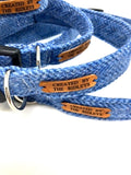 Close-up of a Handmade Blue Herringbone Tweed Dog Collar featuring a contoured buckle, made by Created By The Ridleys, showcasing its durability with a nylon webbing lining.