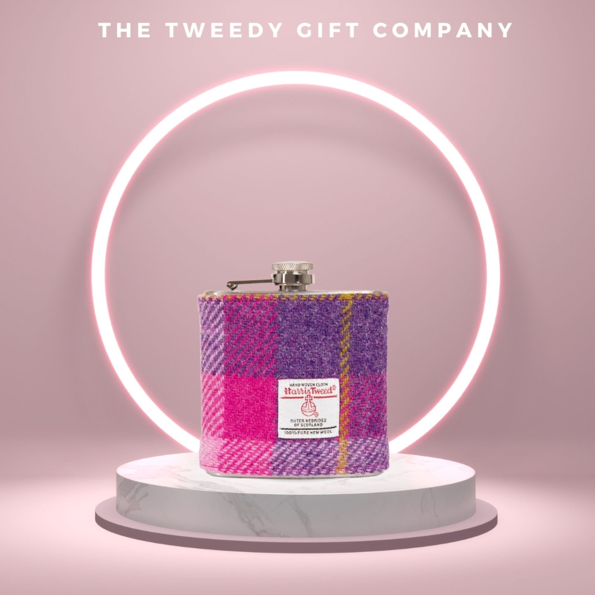 Ladies Personalised Harris Pink Tweed Hip Flask - Day at the Races / Bridesmaid gift