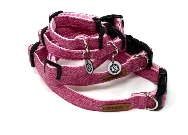 Handmade Tweed Dog Collar - Pink Herringbone - British Tweed - Handmade