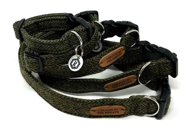 Handmade Tweed Dog Collar - Moss Green Herringbone - British Tweed - Handmade