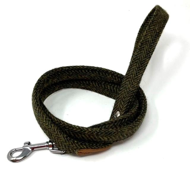 Handmade Tweed Dog Collar - Moss Green Herringbone - British Tweed - Handmade