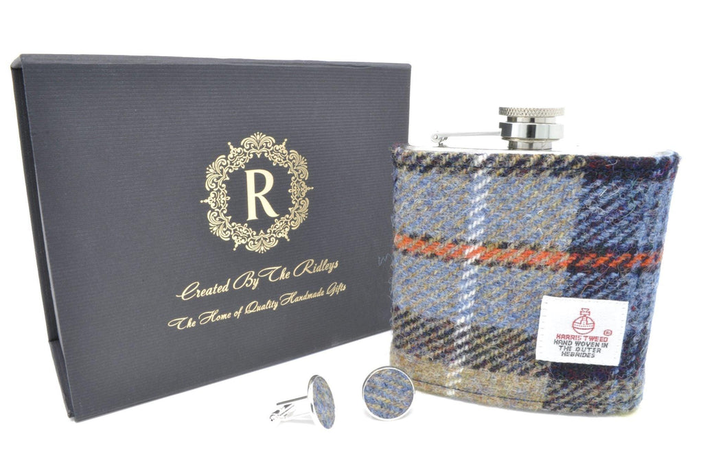 Harris Tweed Hip Flask with matching cufflinks- Best Man, Father of the Bride, Wedding Gift, Gift Boxed